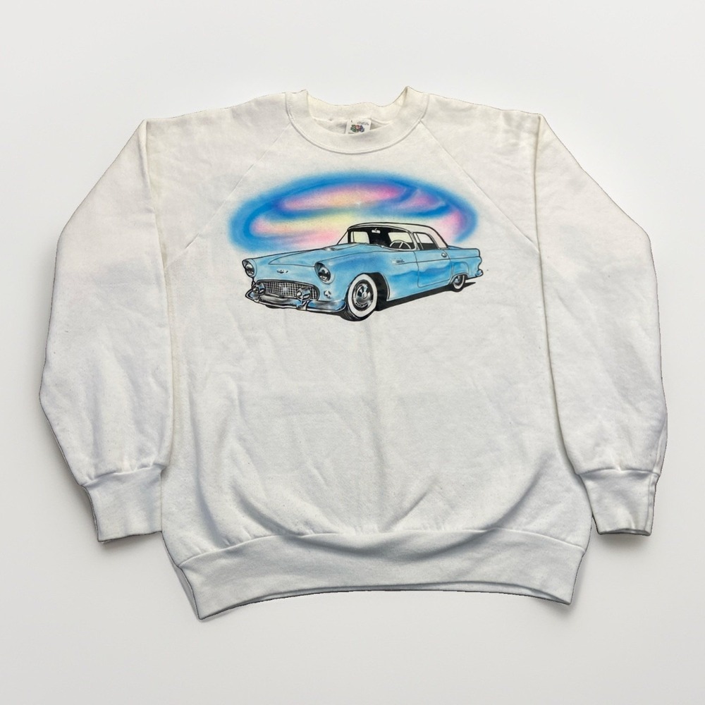 Vintage Ford Thunderbird Sweatshirt Mens L White Pullover Crewneck Classic Car